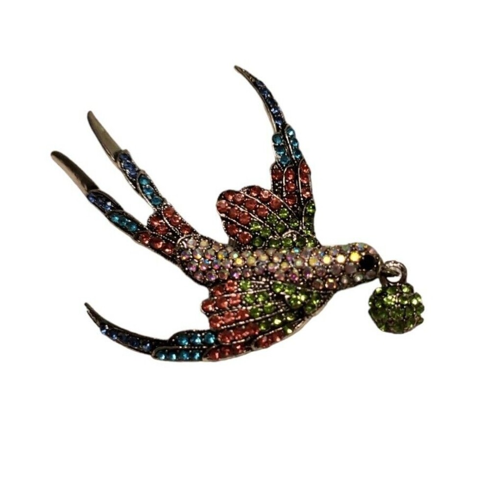 Bird in Flight Sparkly Rhinestones Crystals Silver Tone Brooch Pin